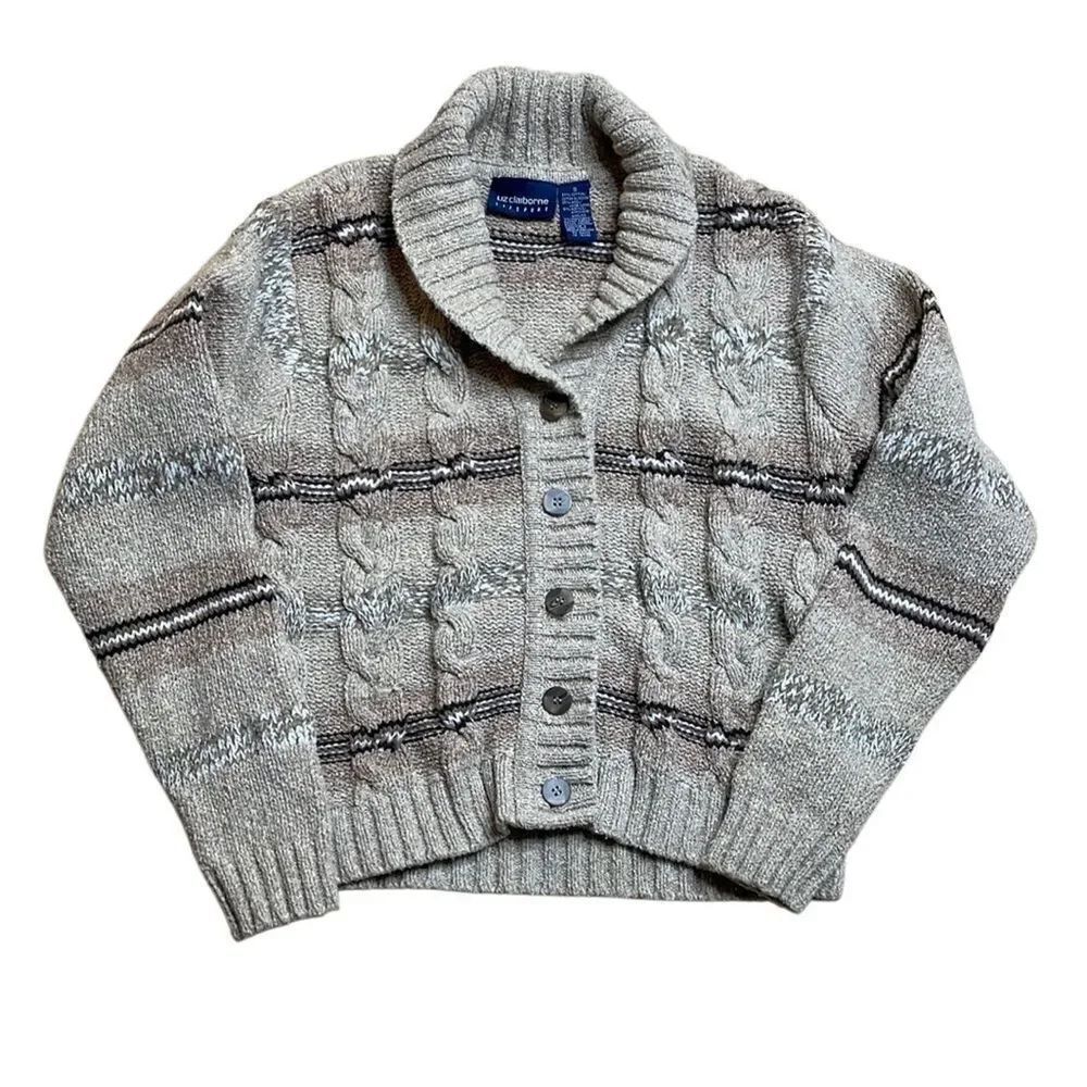 90s Vintage Liz Claiborne Cozy Beige Cable Knit Cardigan Shawl Collar Small